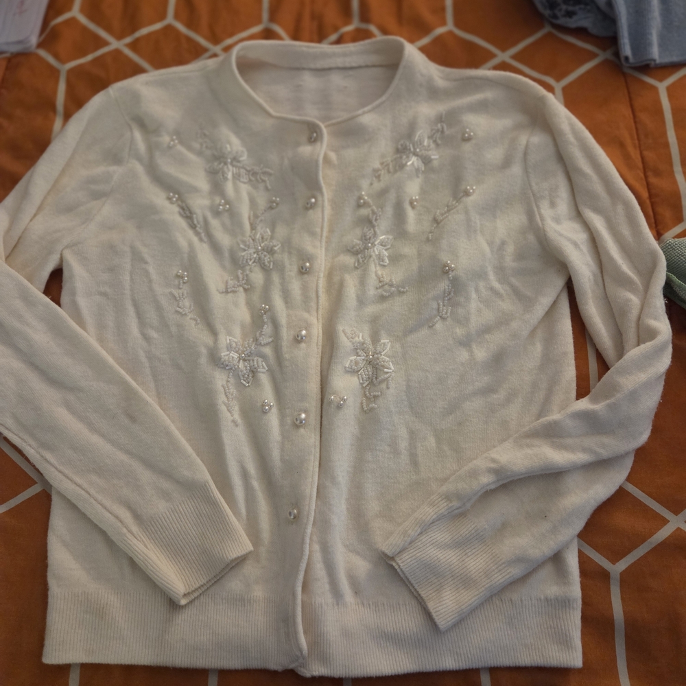 Vintage Y2K Beaded Floral Cardigan Ivory Pearl Button Sweater Sz L